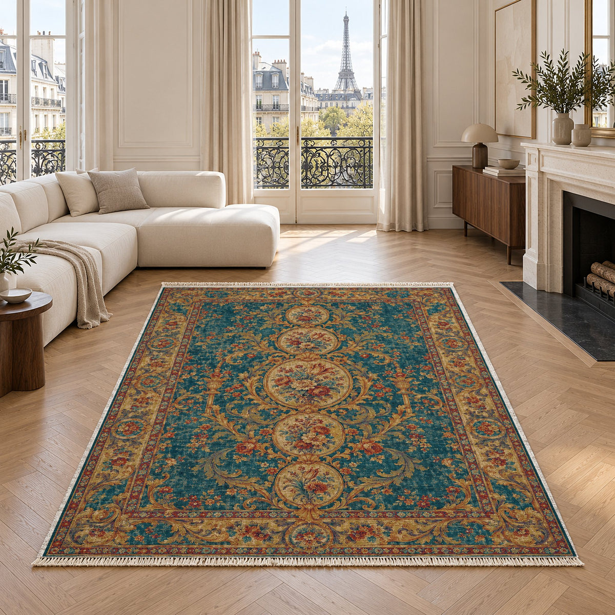 Garden Cascade Peacock & Ochre washable rug in a living room with an Eiffel Tower view