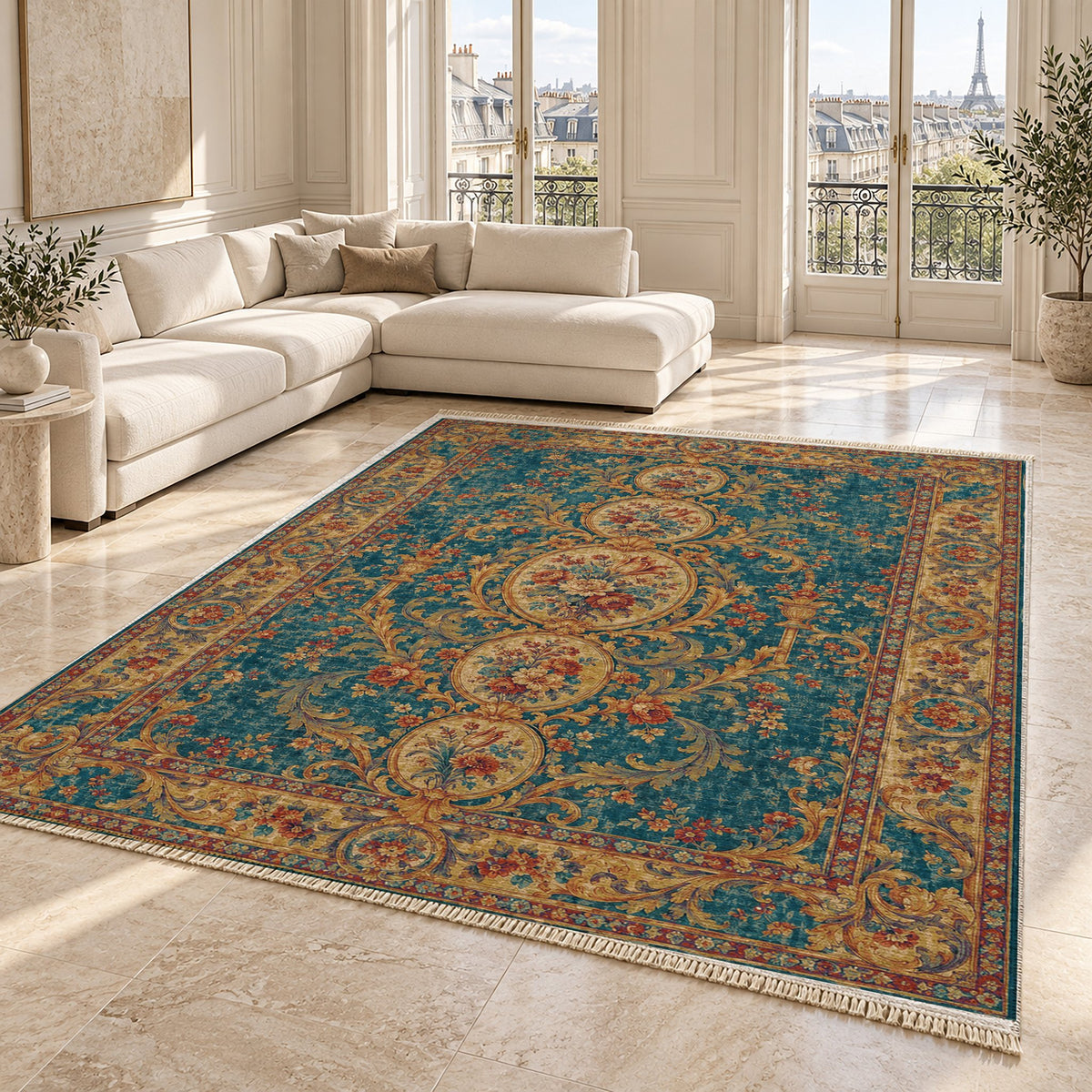 Garden Cascade Peacock & Ochre washable rug angled room view on marble