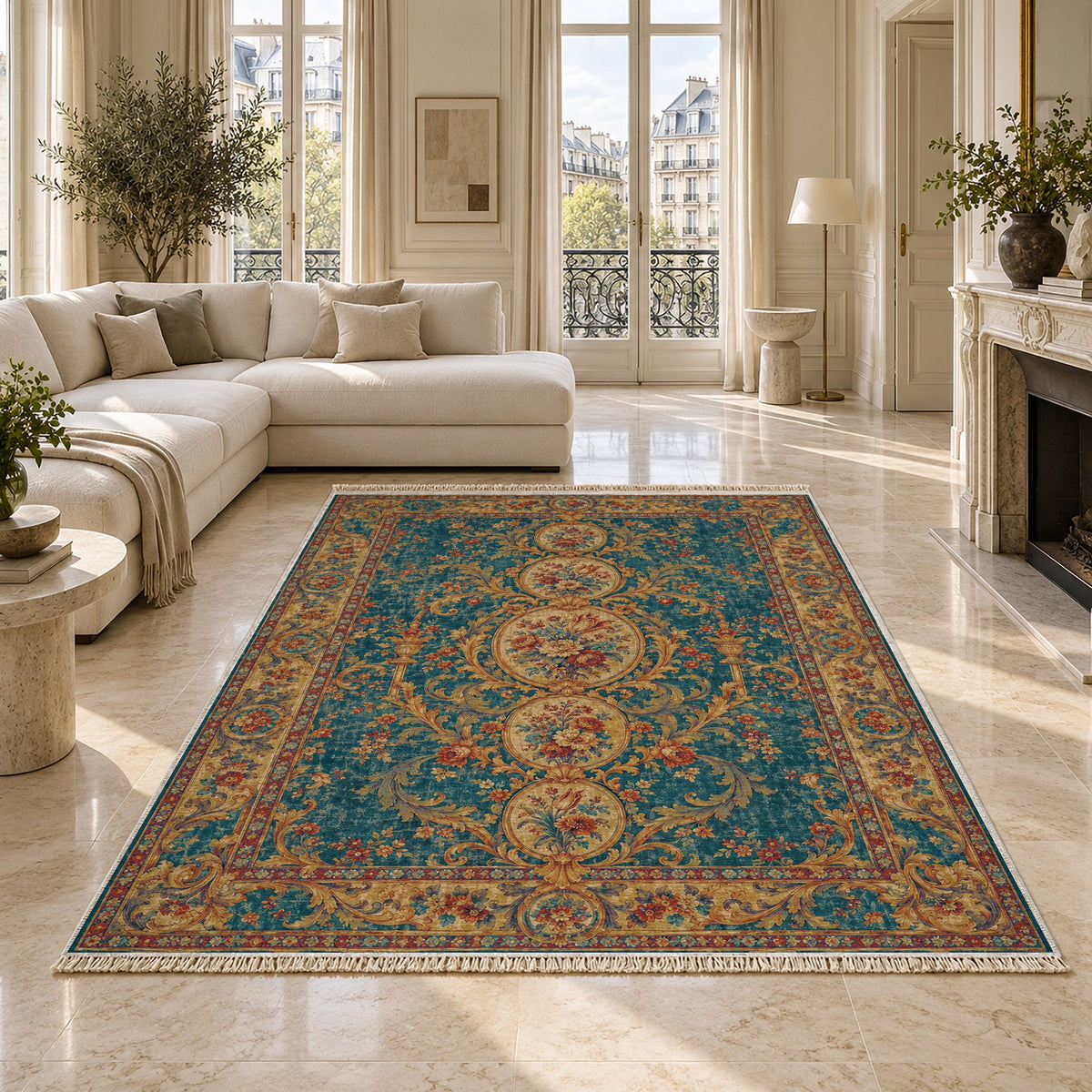 Garden Cascade Peacock & Ochre washable rug on a marble floor