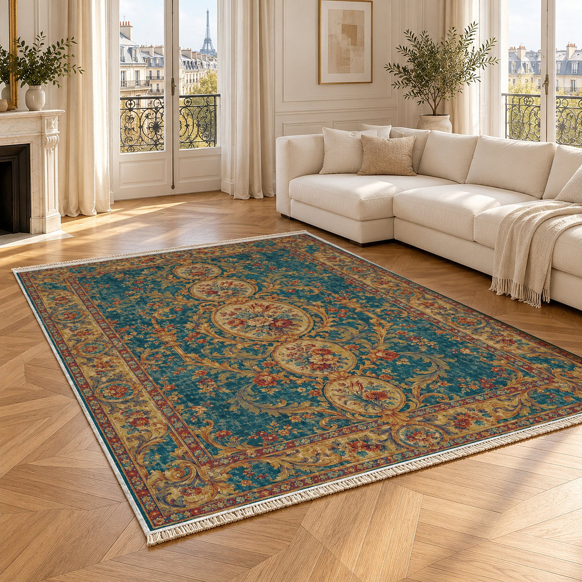 Garden Cascade Peacock & Ochre washable rug angled room view