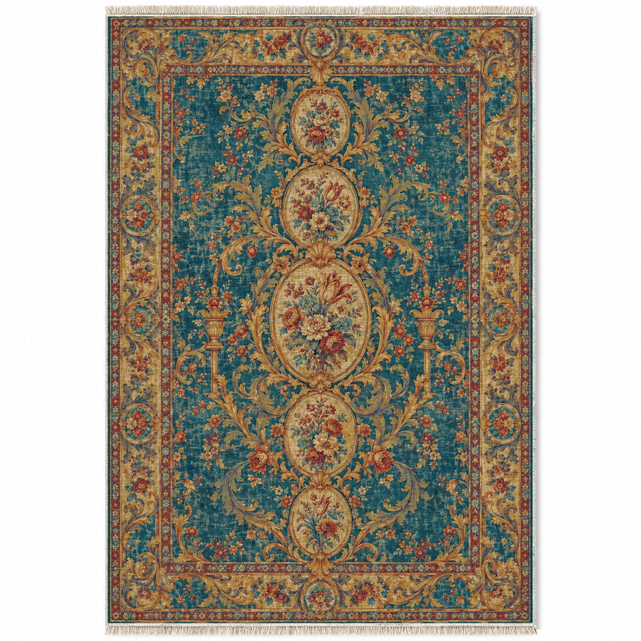 Garden Cascade Peacock & Ochre Baroque Washable Rug
