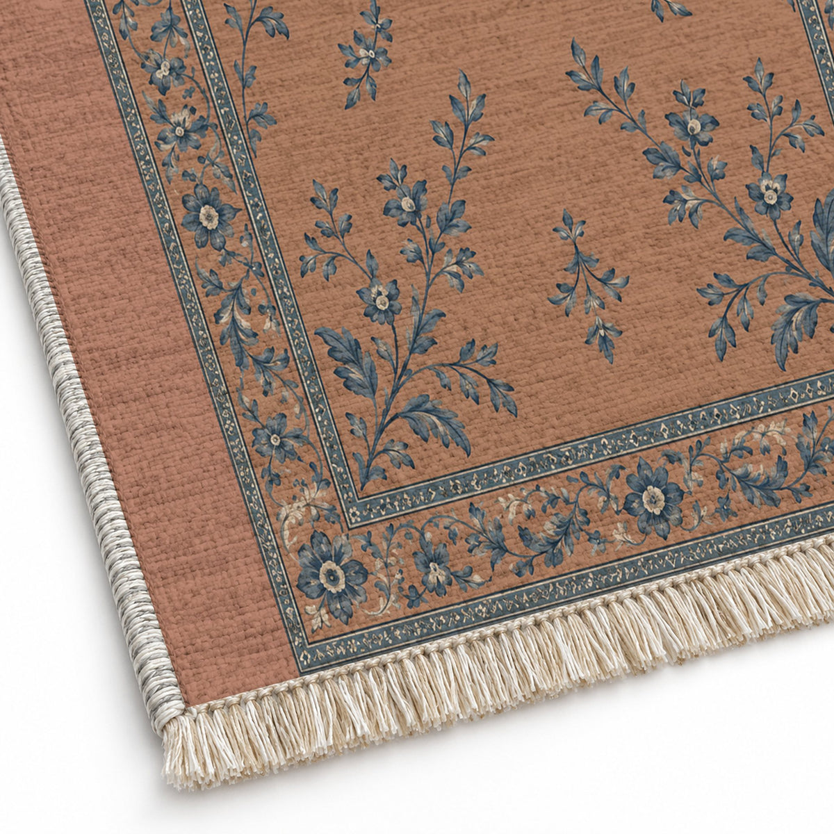 Garden Medallion Clay & Denim washable rug close-up of the printed chenille