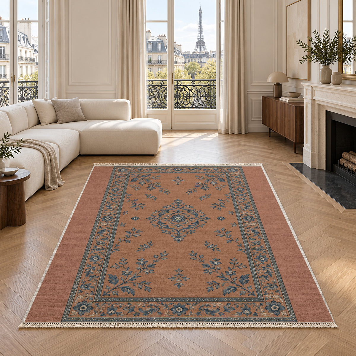 Garden Medallion Clay & Denim washable rug in a living room with an Eiffel Tower view