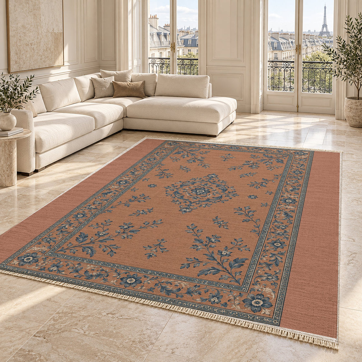 Garden Medallion Clay & Denim washable rug angled room view on marble