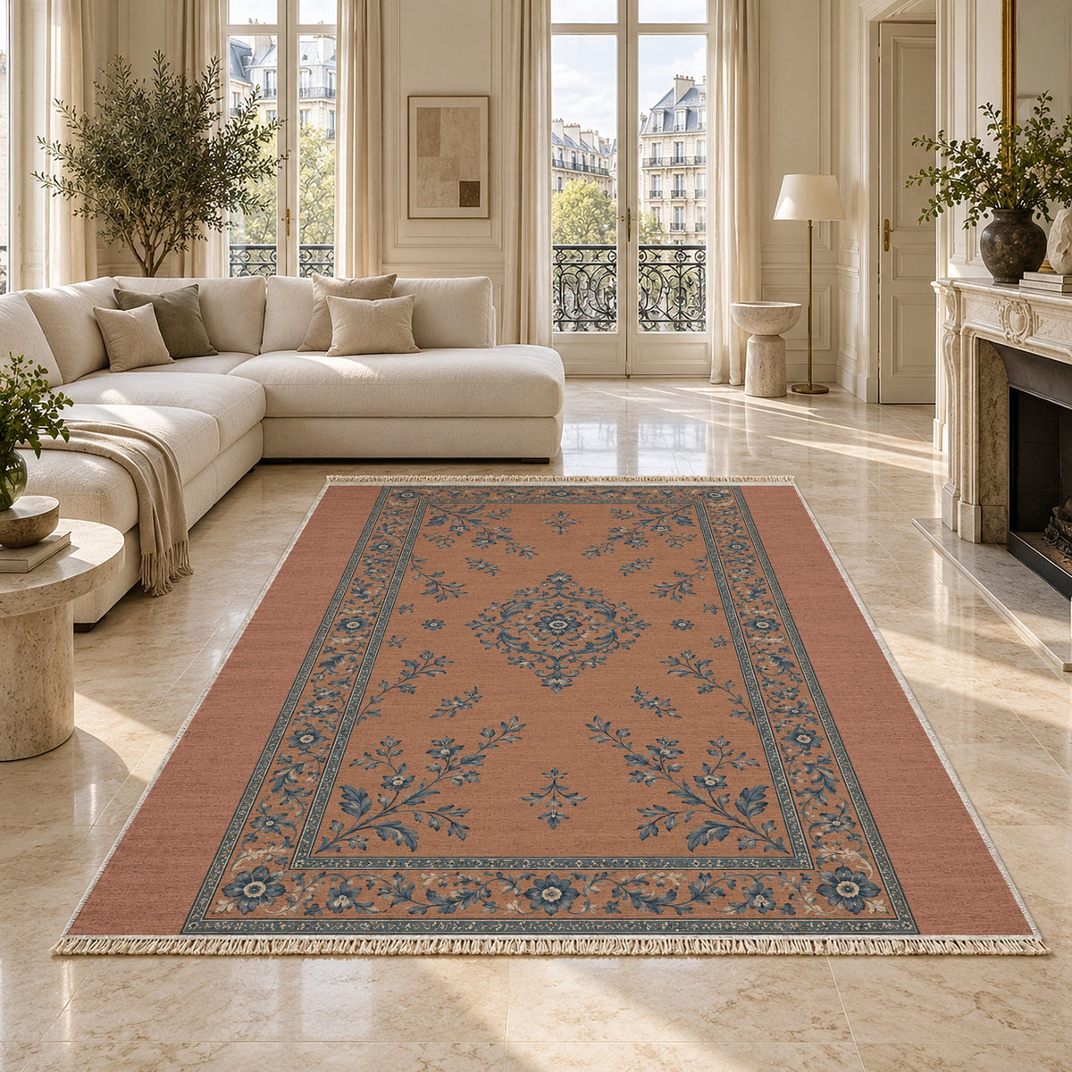 Garden Medallion Clay & Denim washable rug on a marble floor