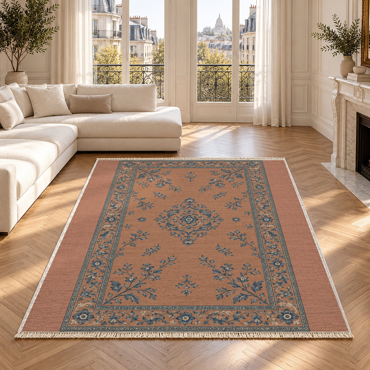 Garden Medallion Clay & Denim washable rug in a Paris living room