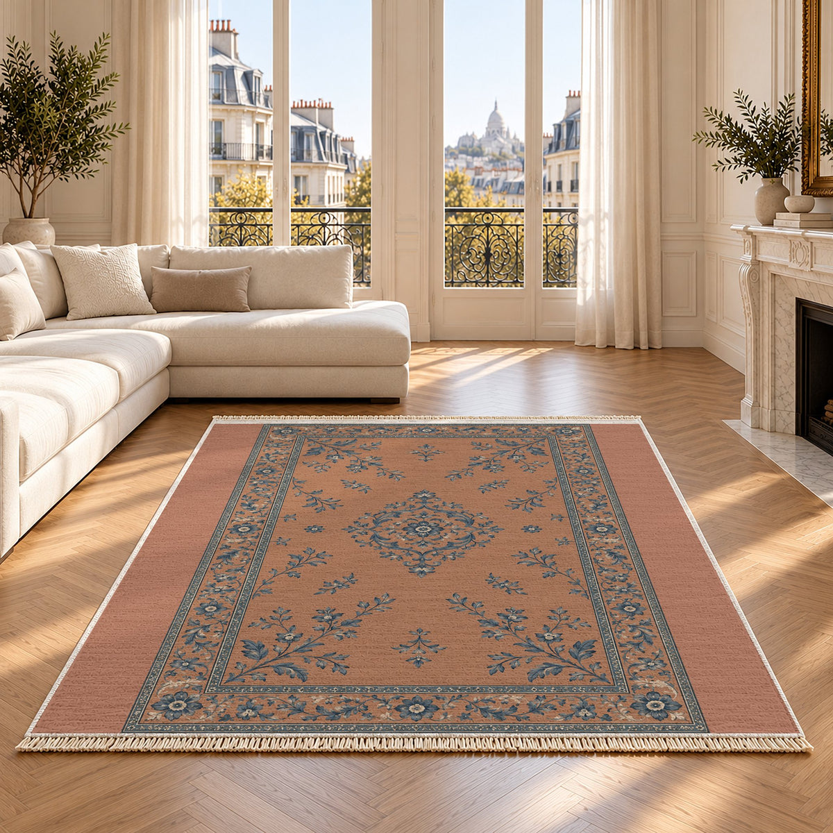 Garden Medallion Clay & Denim washable rug on an oak floor