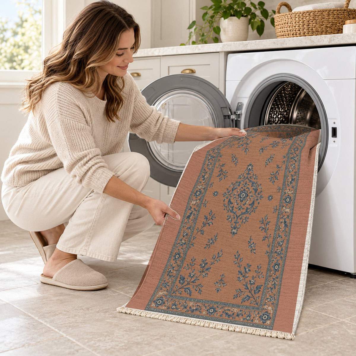 Garden Medallion Clay & Denim washable rug being loaded into a washing machine