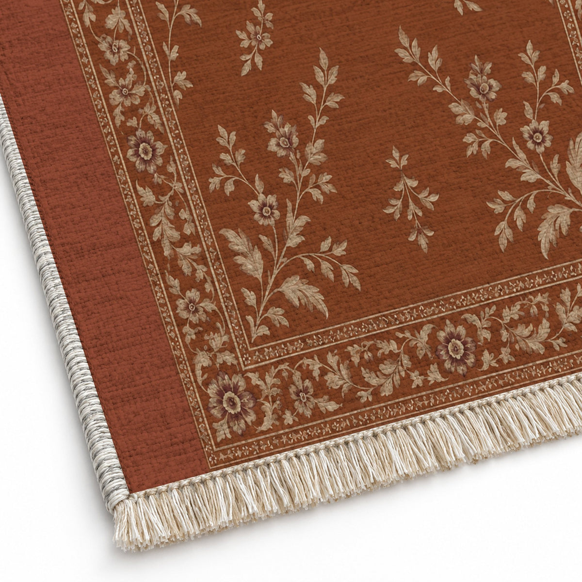 Garden Medallion Rust & Sand washable rug close-up of the printed chenille