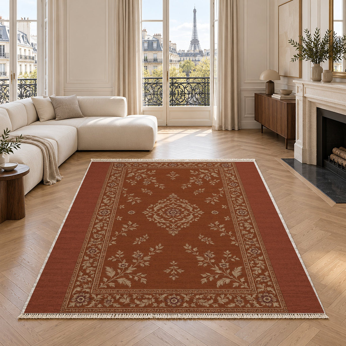 Garden Medallion Rust & Sand washable rug in a living room with an Eiffel Tower view