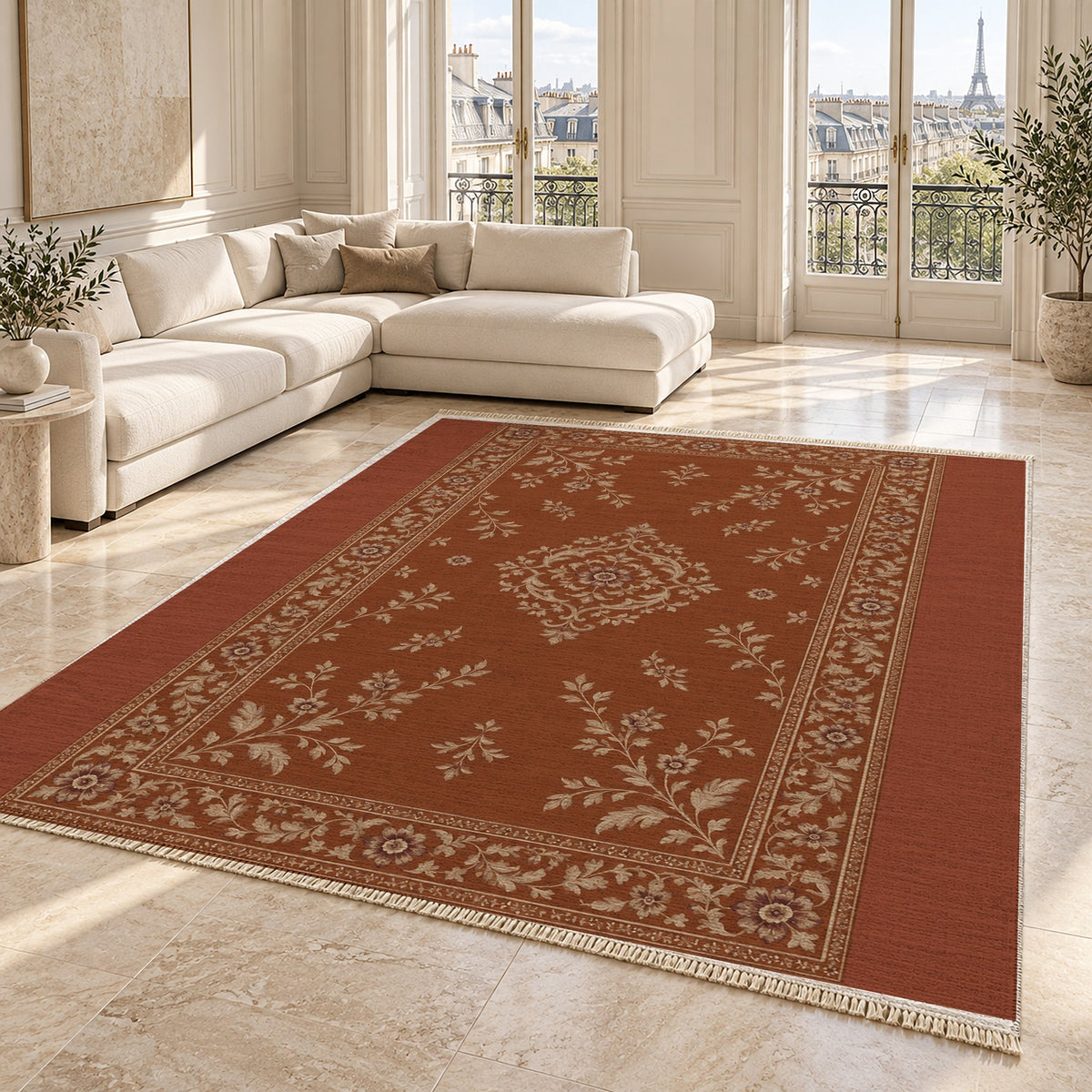 Garden Medallion Rust & Sand washable rug angled room view on marble