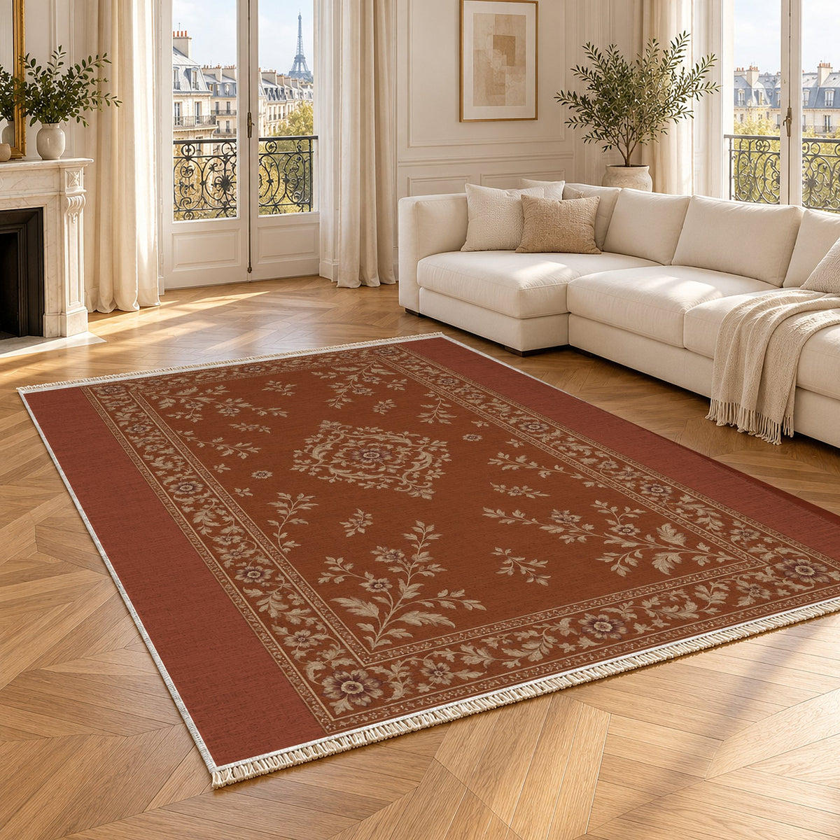 Garden Medallion Rust & Sand washable rug angled room view