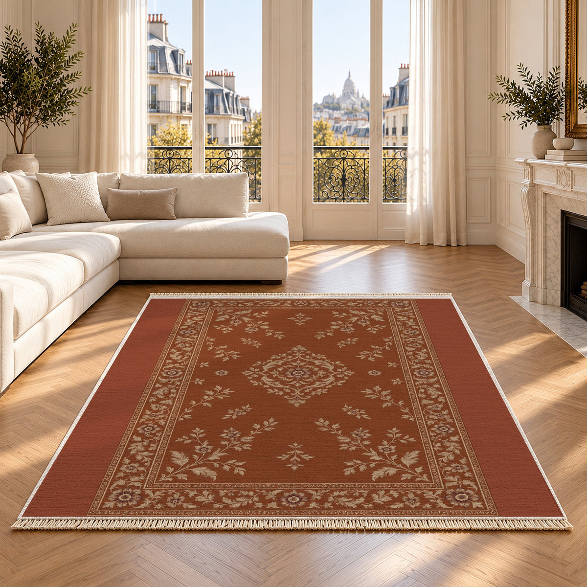 Garden Medallion Rust & Sand washable rug on an oak floor