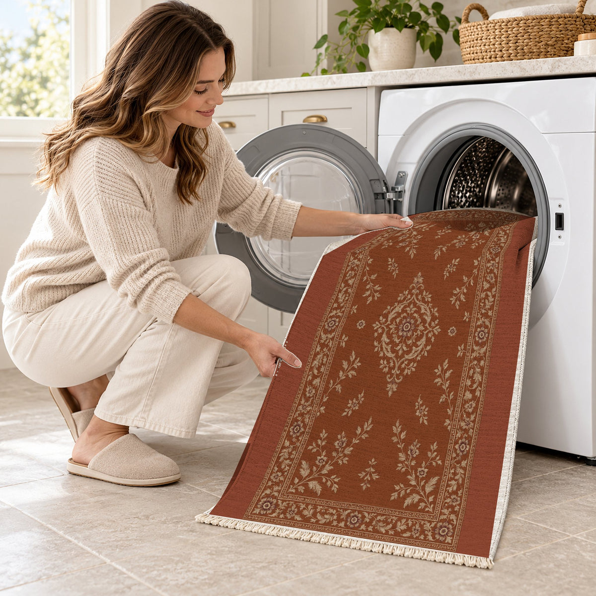 Garden Medallion Rust & Sand washable rug being loaded into a washing machine