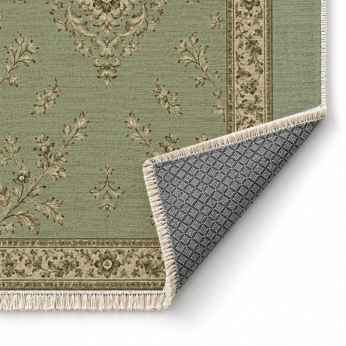 Garden Medallion Sage & Oat washable rug folded corner showing the backing