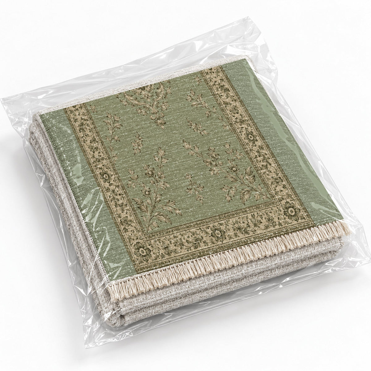 Garden Medallion Sage & Oat washable rug rolled and packaged