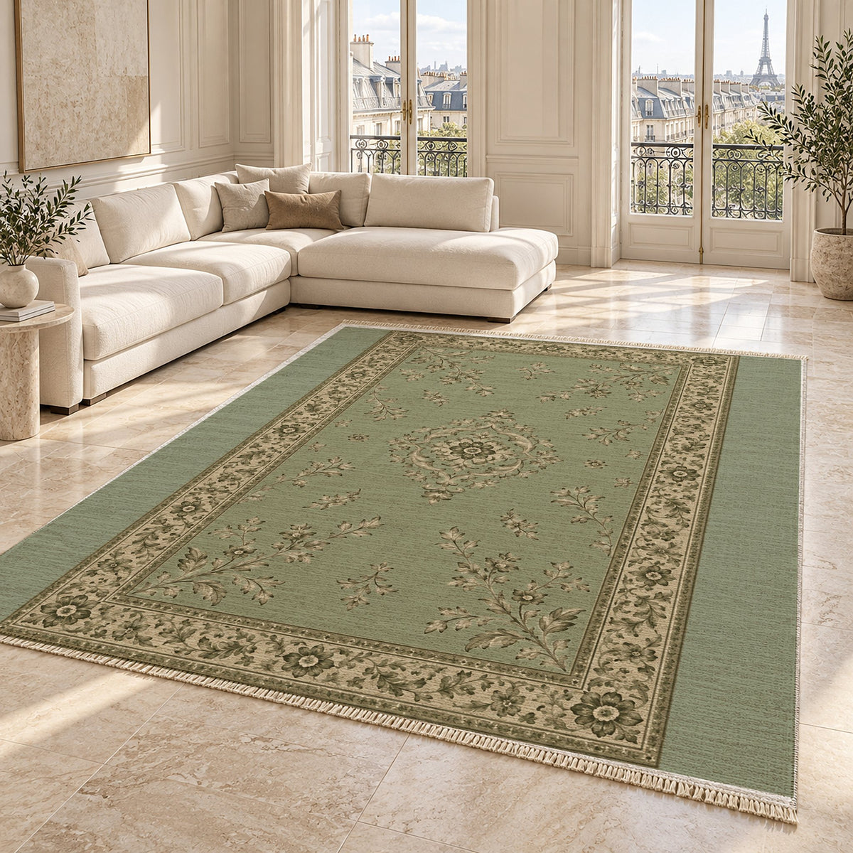 Garden Medallion Sage & Oat washable rug angled room view on marble