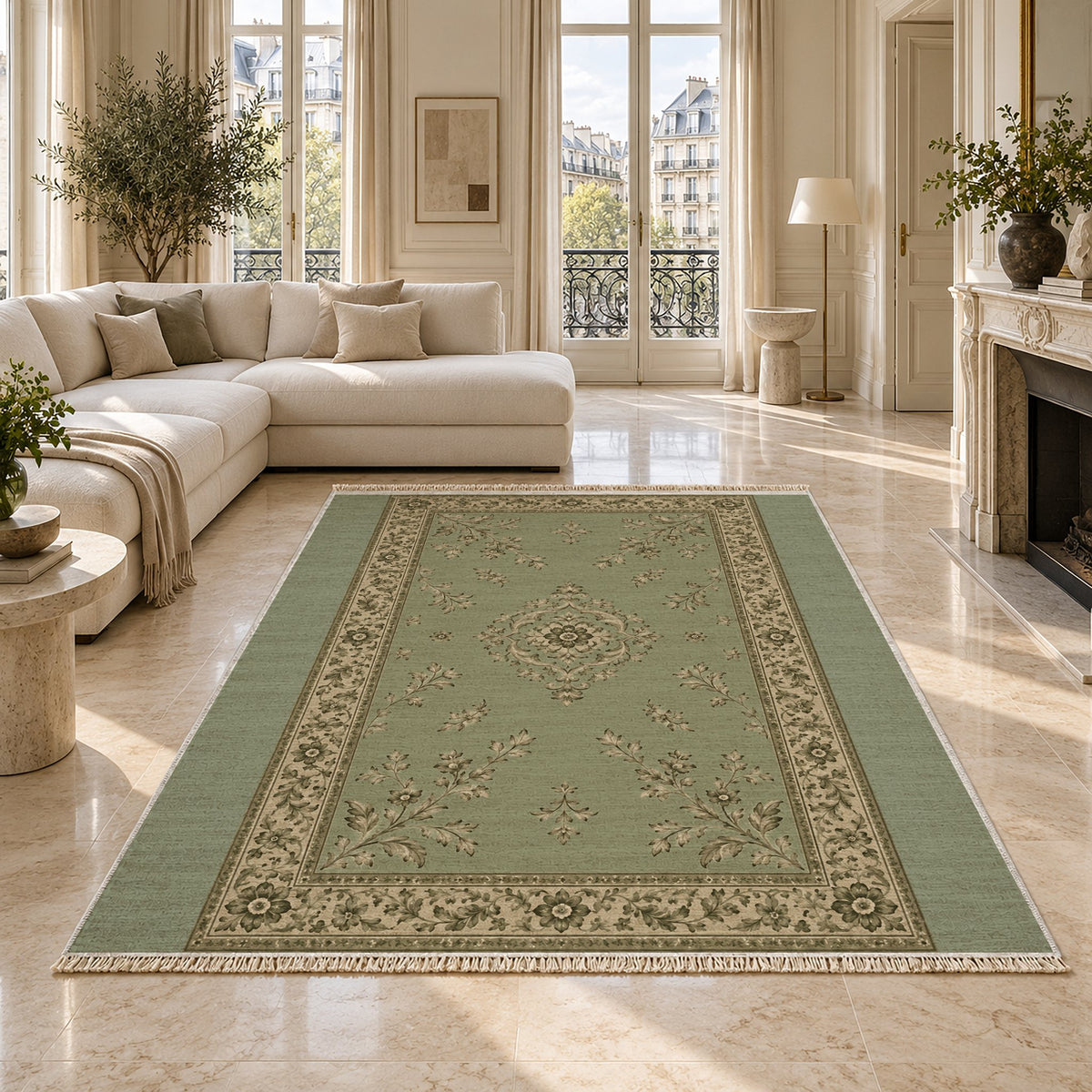 Garden Medallion Sage & Oat washable rug on a marble floor
