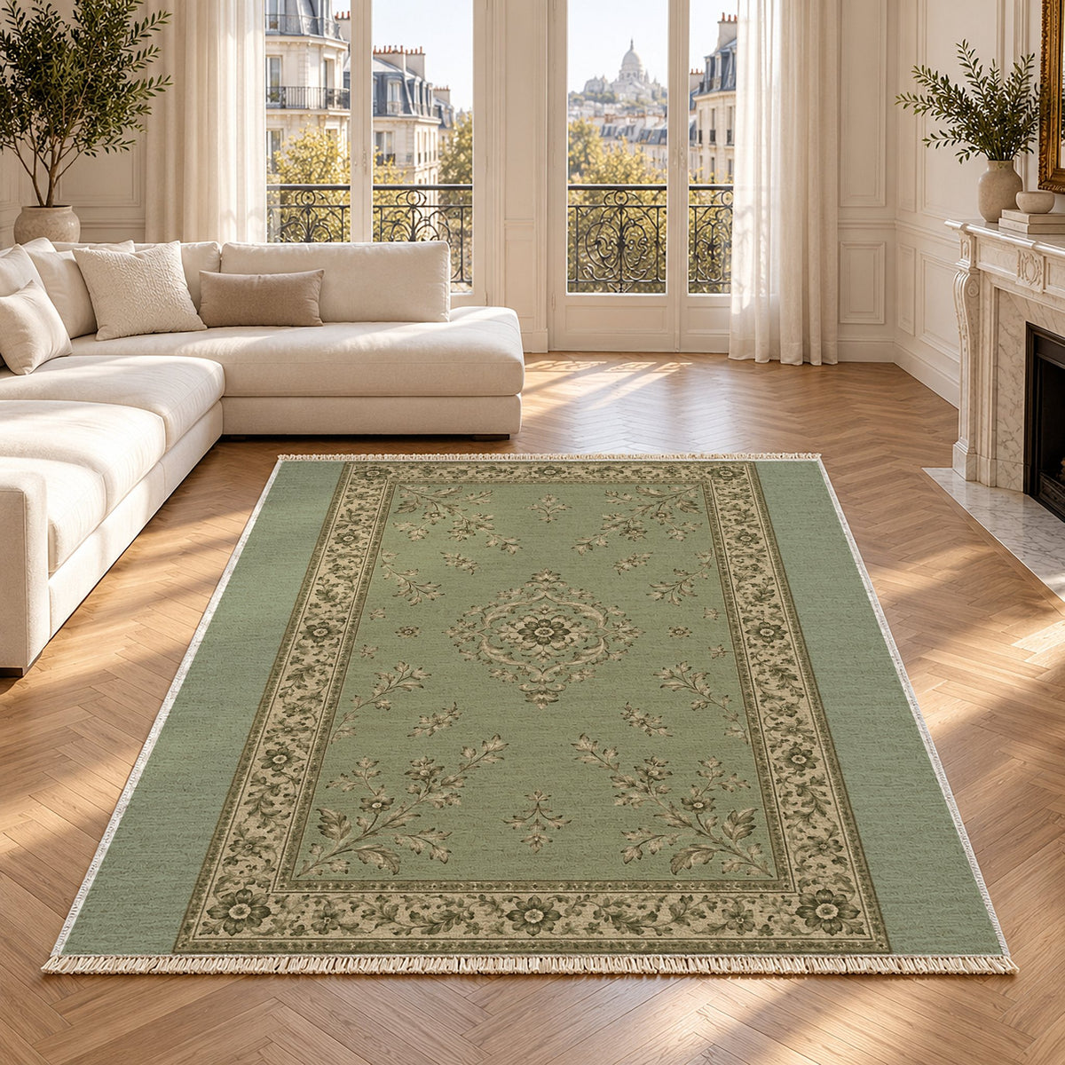 Garden Medallion Sage & Oat washable rug in a Paris living room