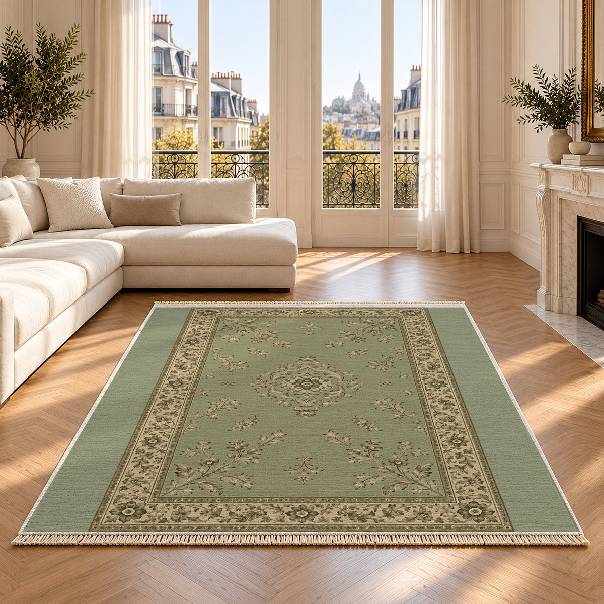Garden Medallion Sage & Oat washable rug on an oak floor