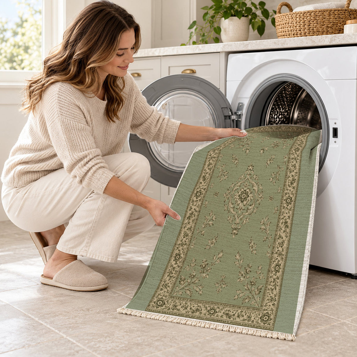 Garden Medallion Sage & Oat washable rug being loaded into a washing machine