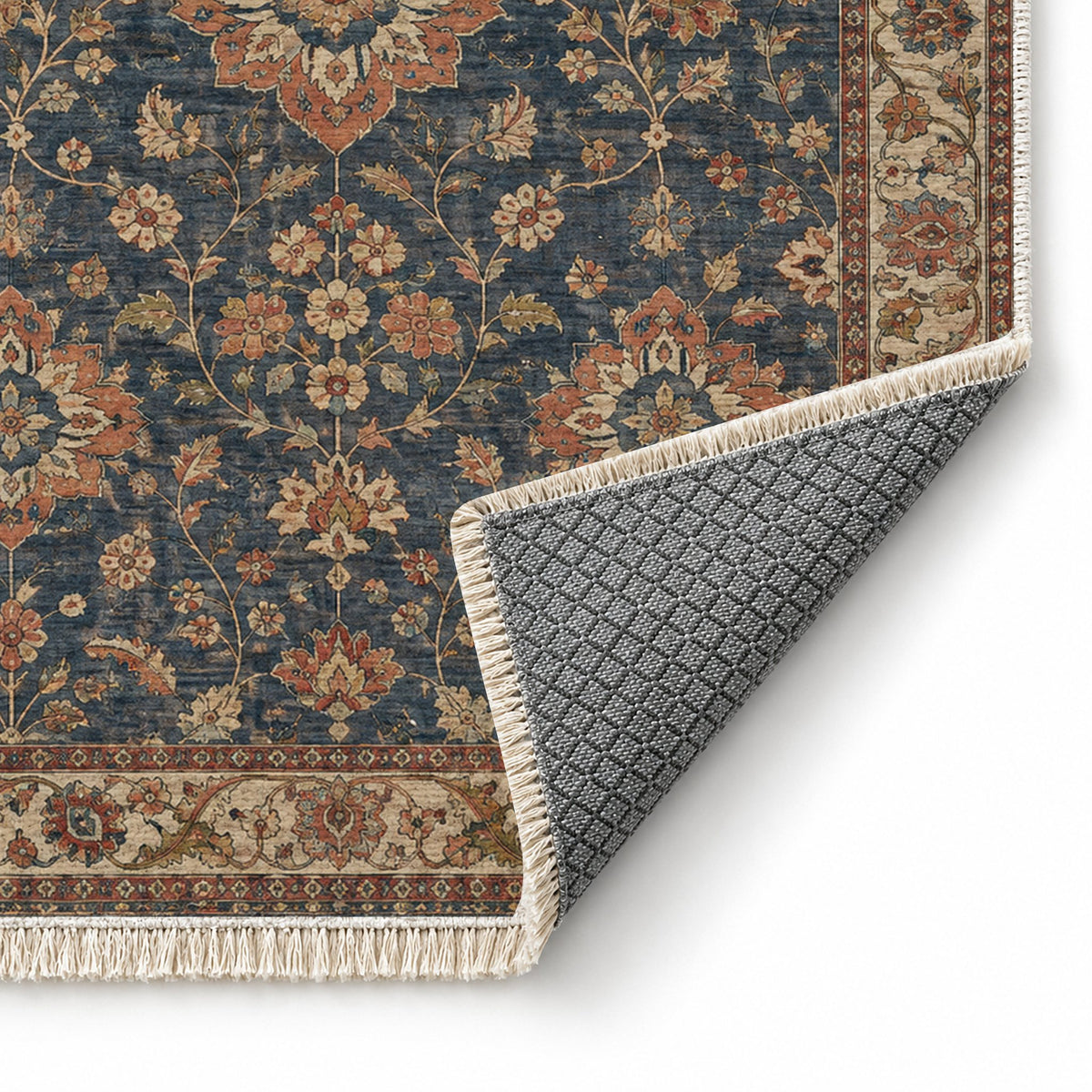 Garden Rosettes Brown & Grey washable rug folded corner showing the backing