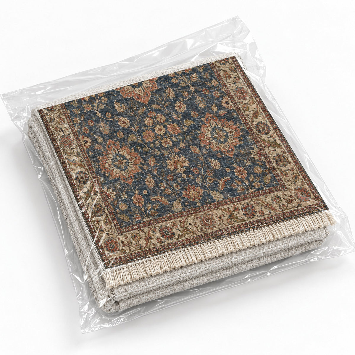 Garden Rosettes Brown & Grey washable rug rolled and packaged