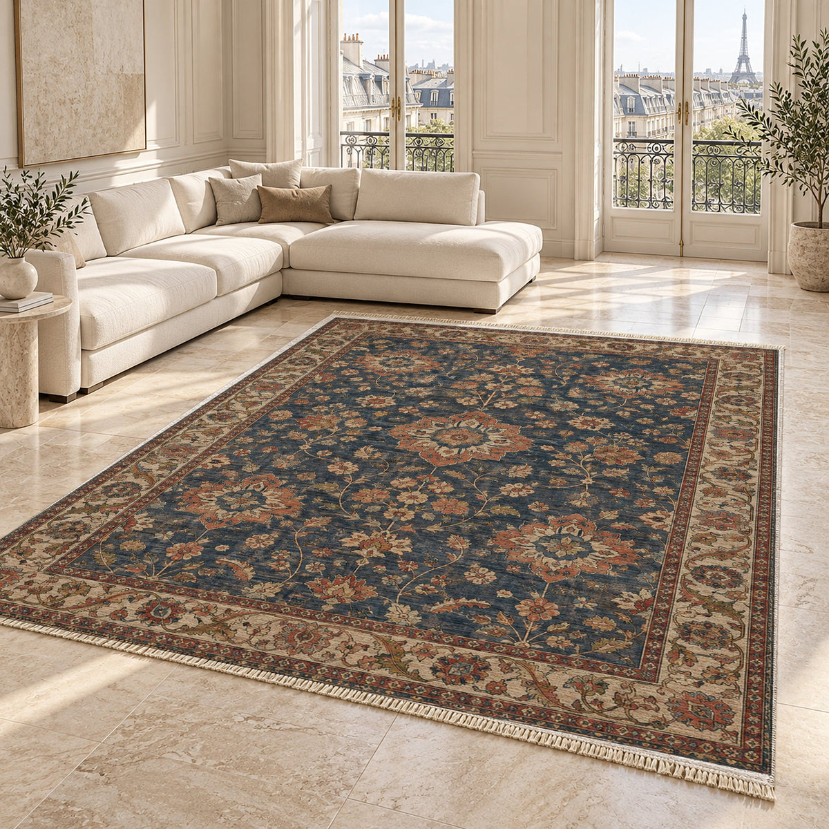 Garden Rosettes Brown & Grey washable rug angled room view on marble