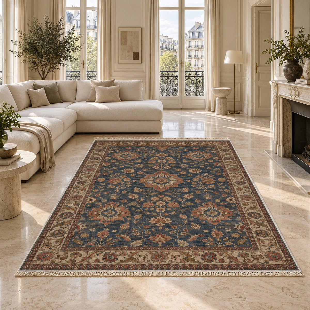 Garden Rosettes Brown & Grey washable rug on a marble floor