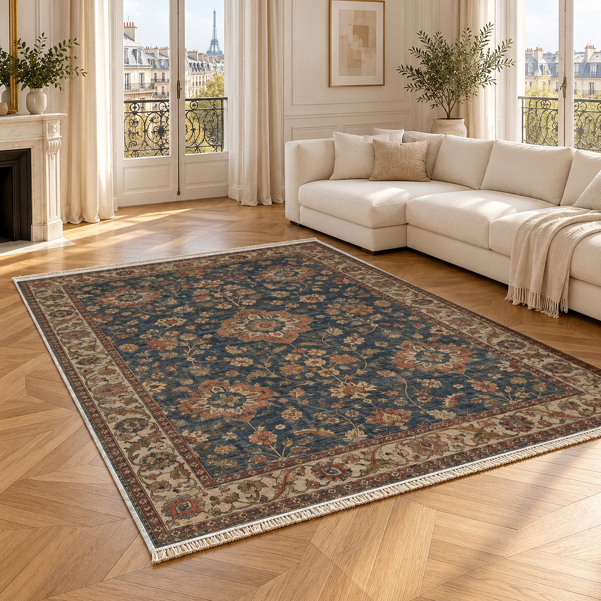 Garden Rosettes Brown & Grey washable rug angled room view