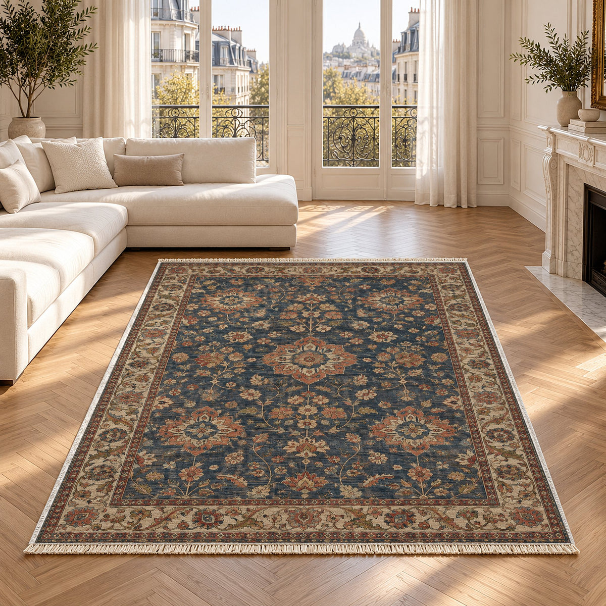 Garden Rosettes Brown & Grey washable rug in a Paris living room