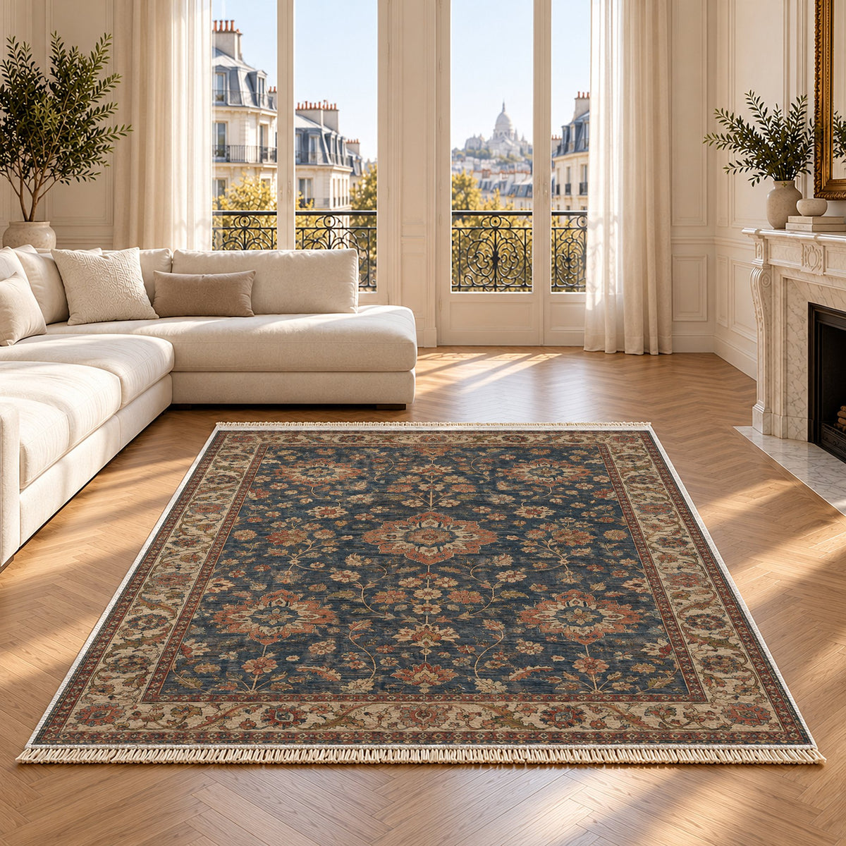 Garden Rosettes Brown & Grey washable rug on an oak floor