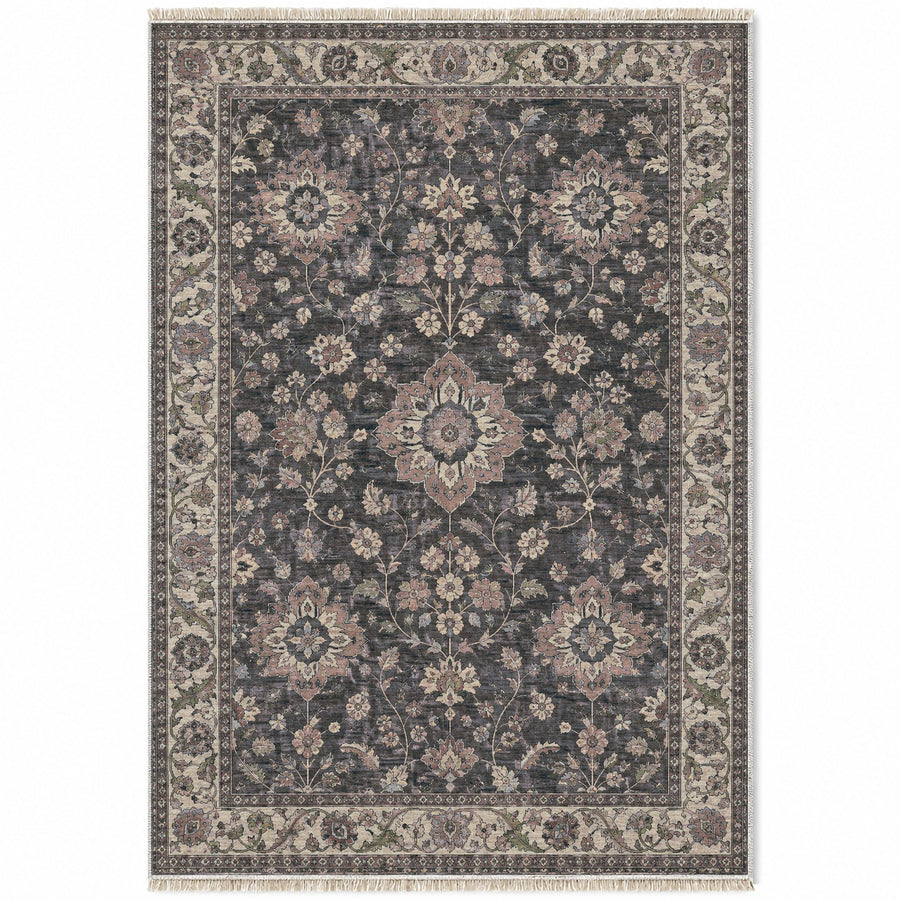 Garden Rosettes Graphite & Linen Caucasian Washable Rug