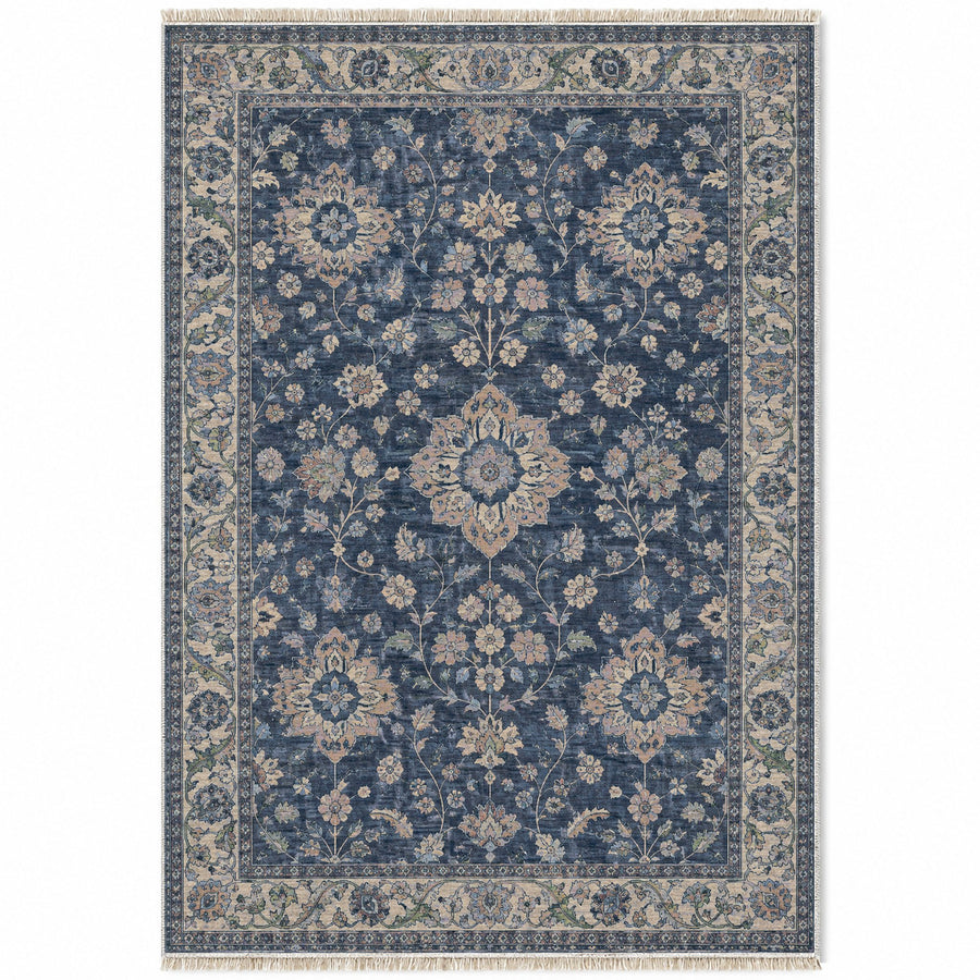Garden Rosettes Mineral Blue Caucasian Washable Rug