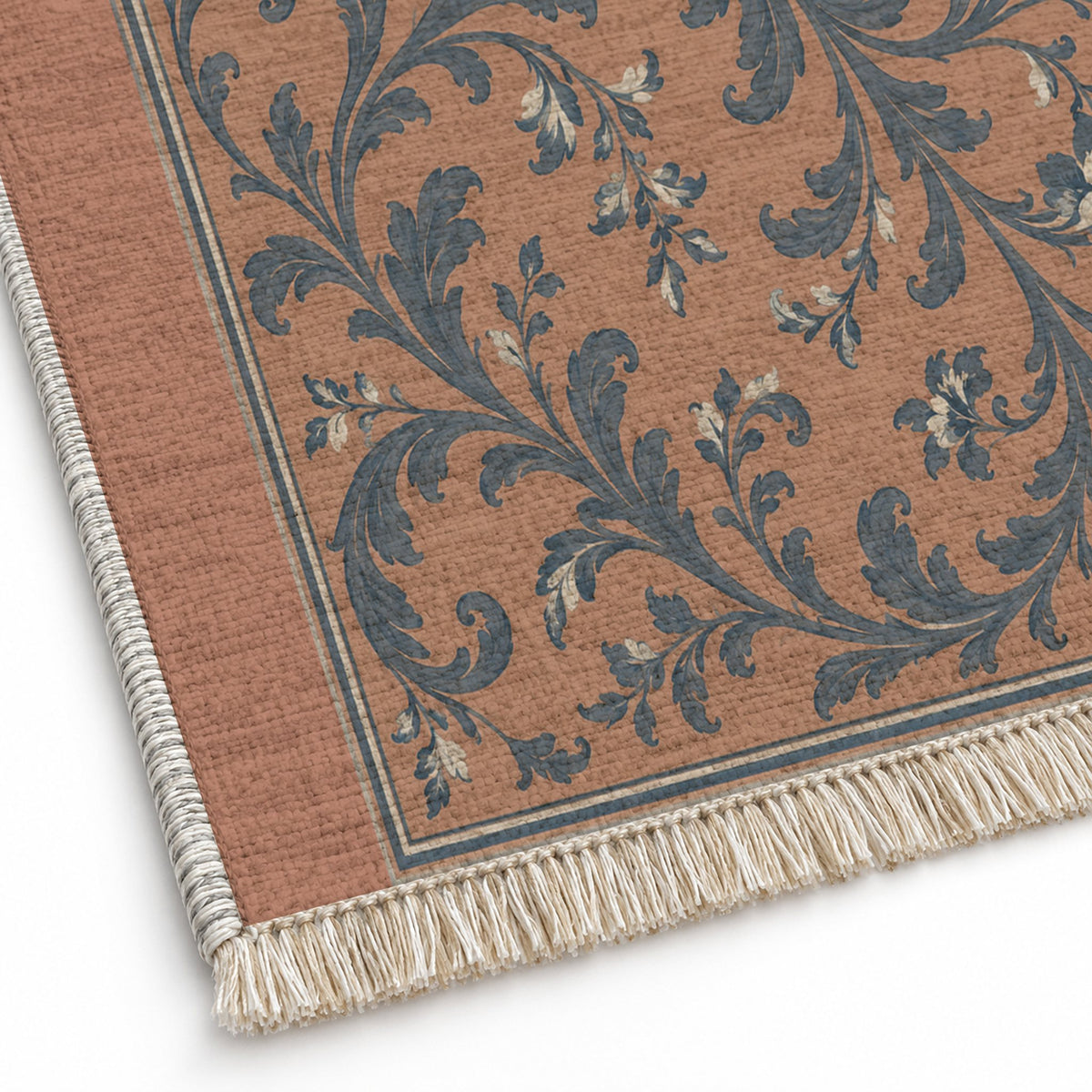 Garden Scroll Clay & Denim washable rug close-up of the printed chenille
