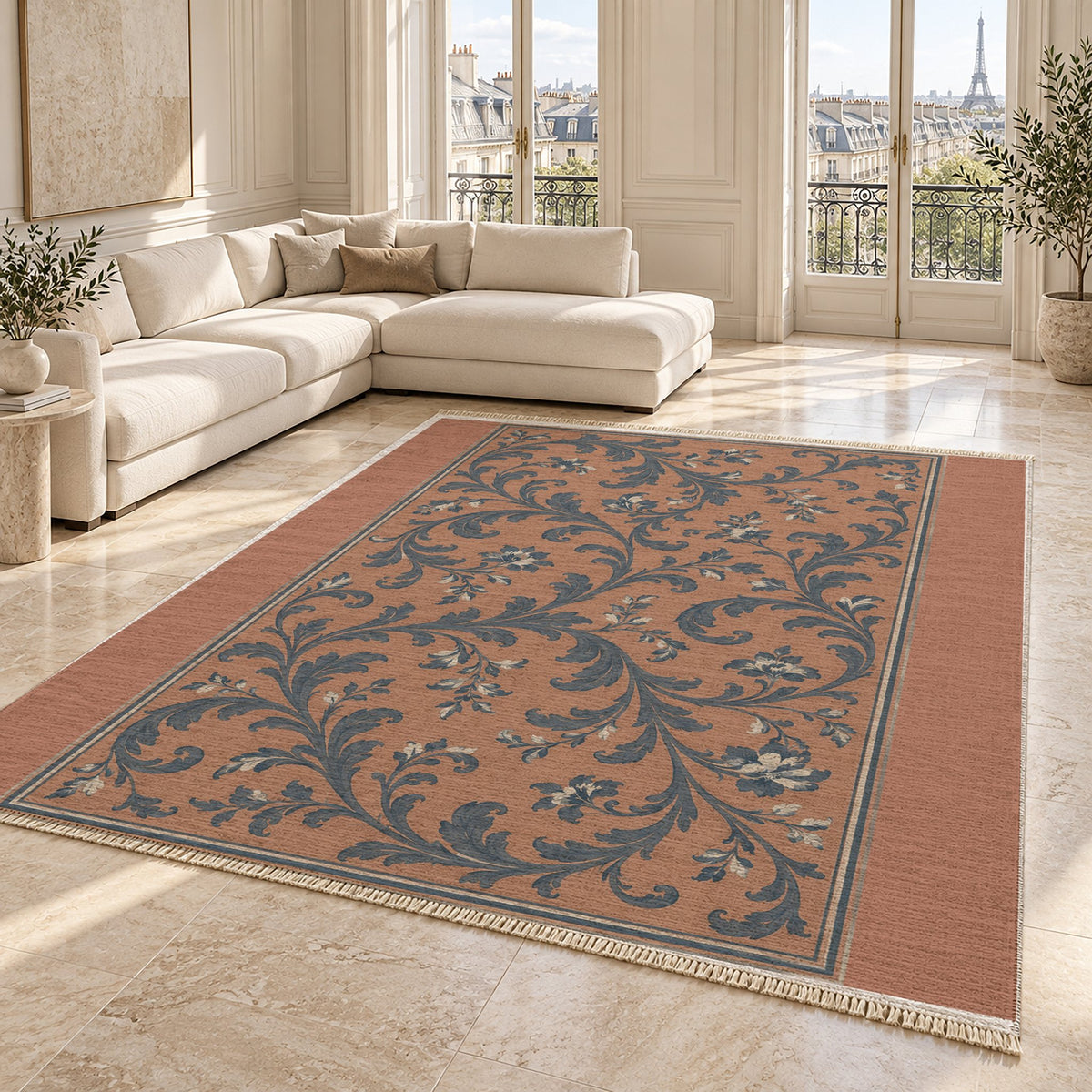 Garden Scroll Clay & Denim washable rug angled room view on marble