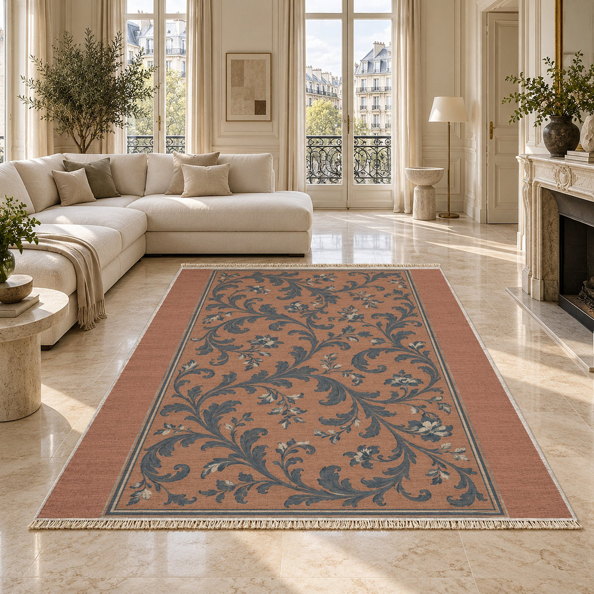 Garden Scroll Clay & Denim washable rug on a marble floor