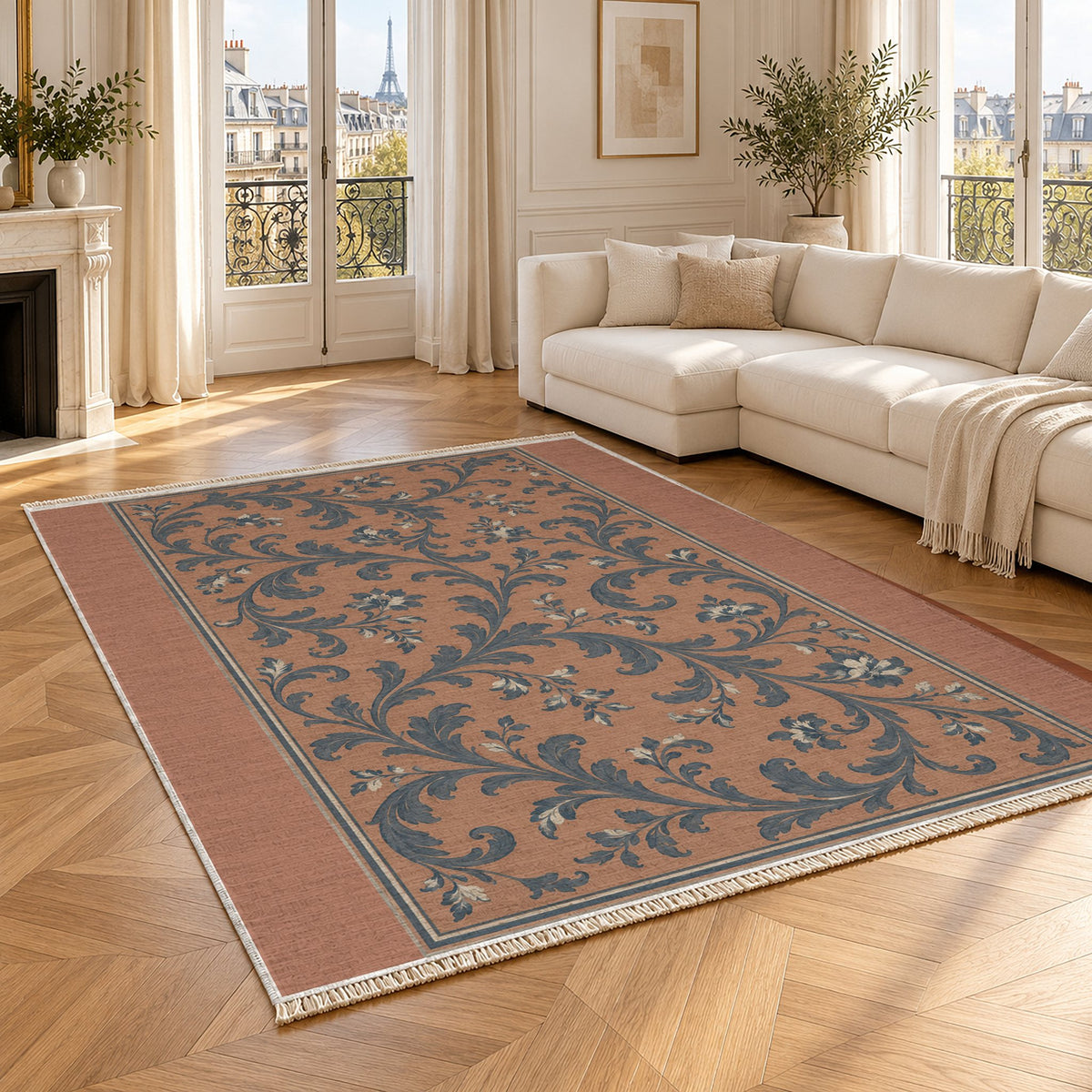 Garden Scroll Clay & Denim washable rug angled room view