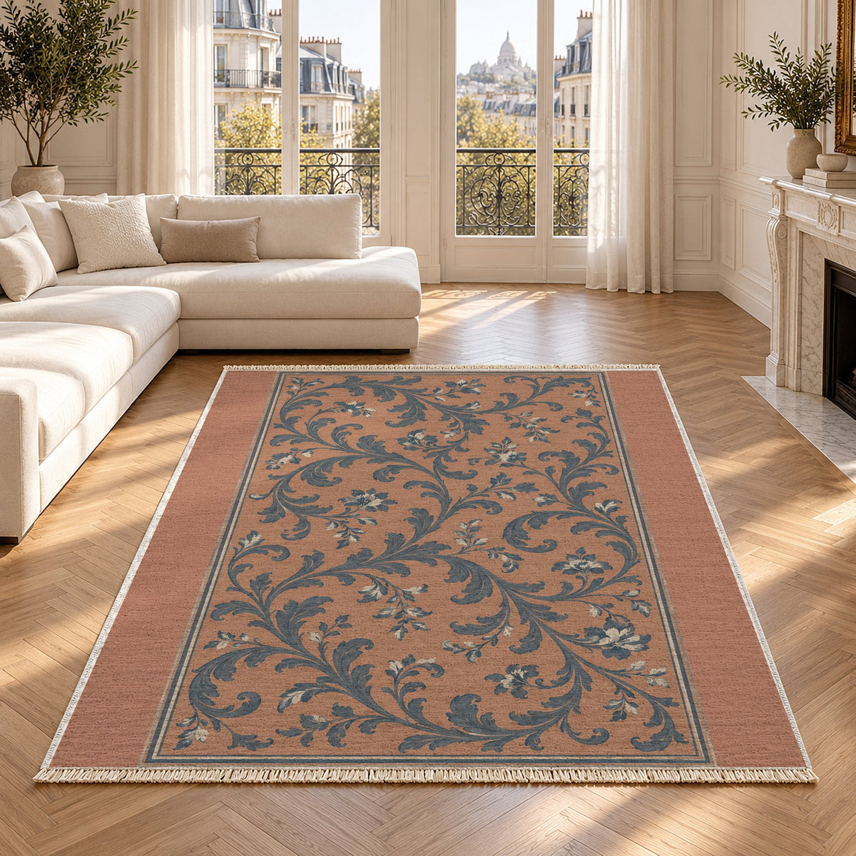Garden Scroll Clay & Denim washable rug in a Paris living room