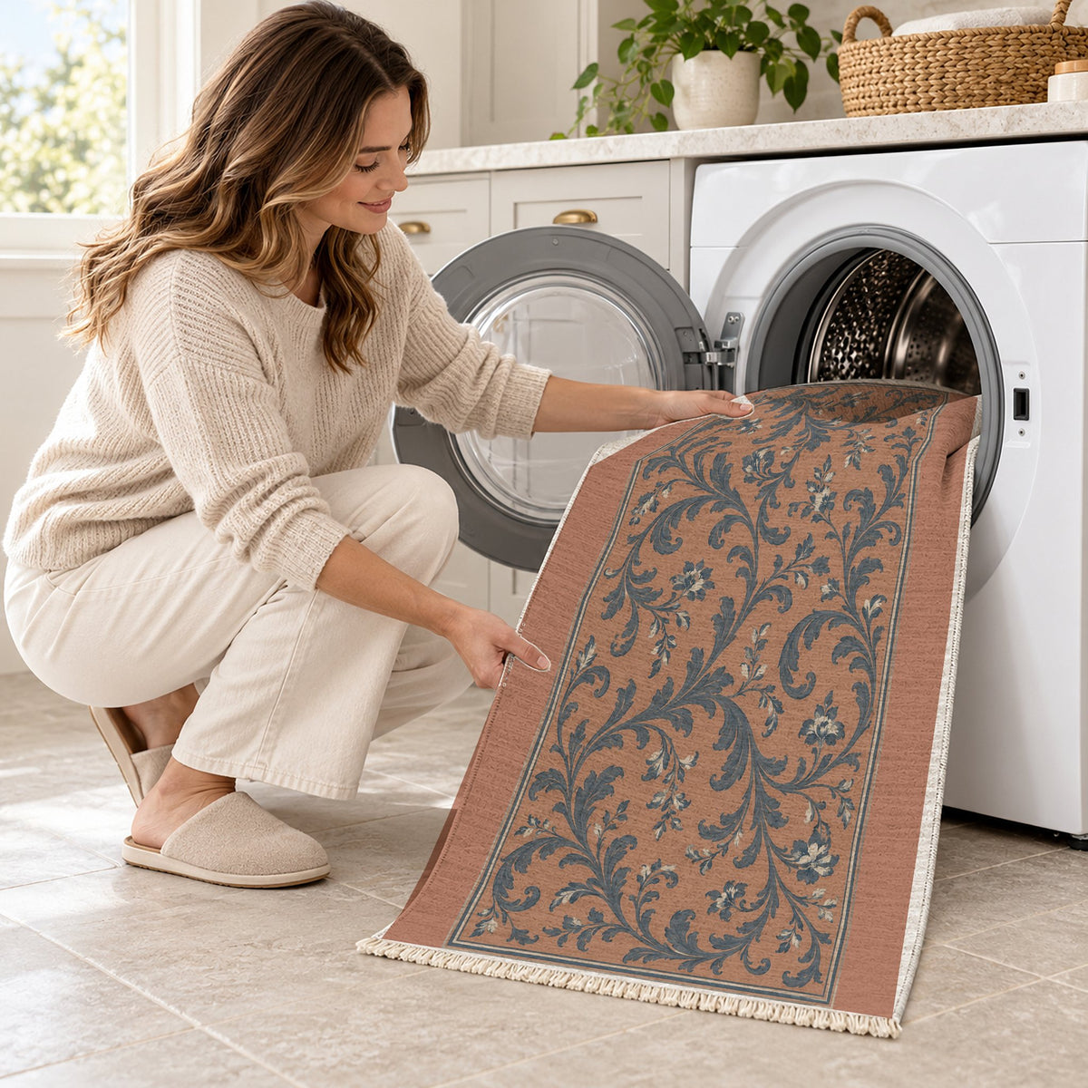 Garden Scroll Clay & Denim washable rug being loaded into a washing machine