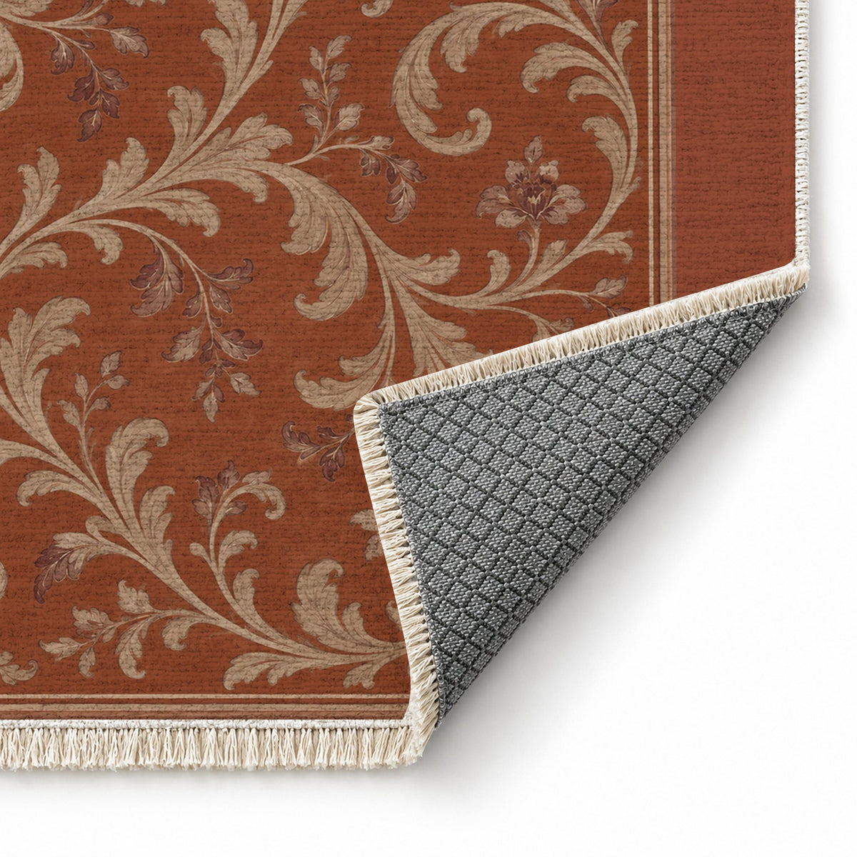 Garden Scroll Rust & Sand washable rug folded corner showing the backing