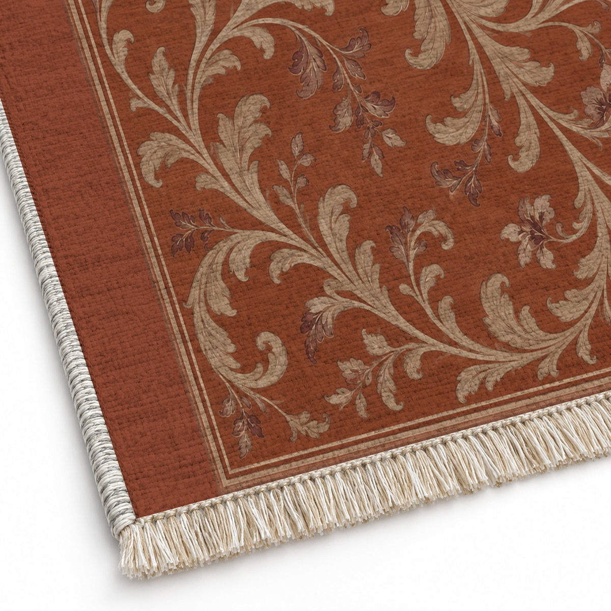 Garden Scroll Rust & Sand washable rug close-up of the printed chenille