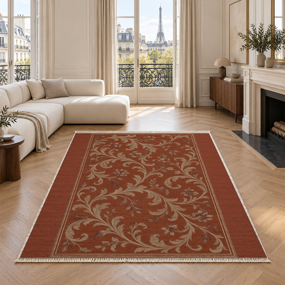 Garden Scroll Rust & Sand washable rug in a living room with an Eiffel Tower view