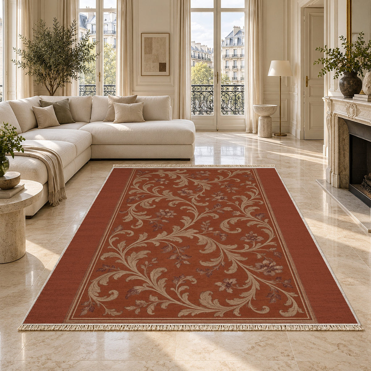 Garden Scroll Rust & Sand washable rug on a marble floor