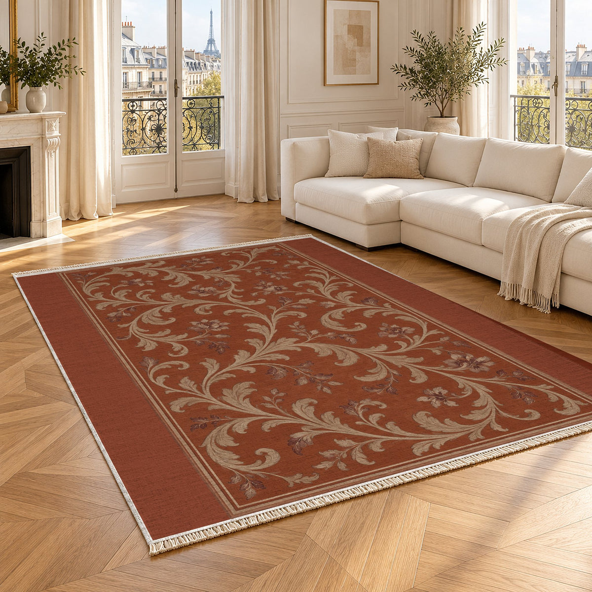 Garden Scroll Rust & Sand washable rug angled room view
