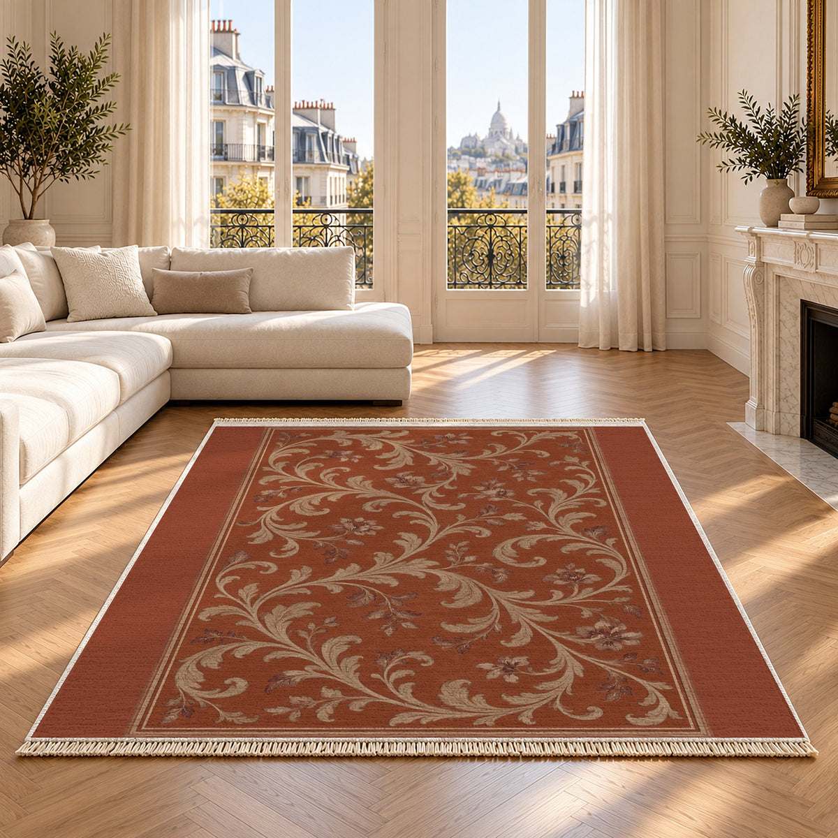 Garden Scroll Rust & Sand washable rug on an oak floor