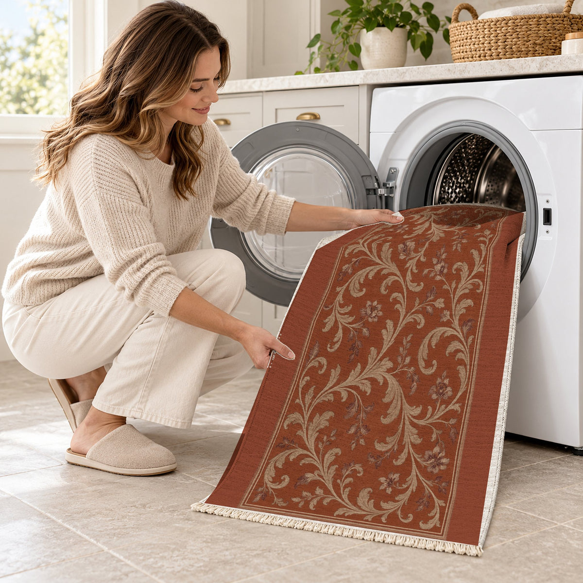 Garden Scroll Rust & Sand washable rug being loaded into a washing machine