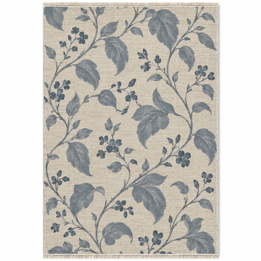 Garden Vine Ivory & Dusty Blue Botanical Washable Rug