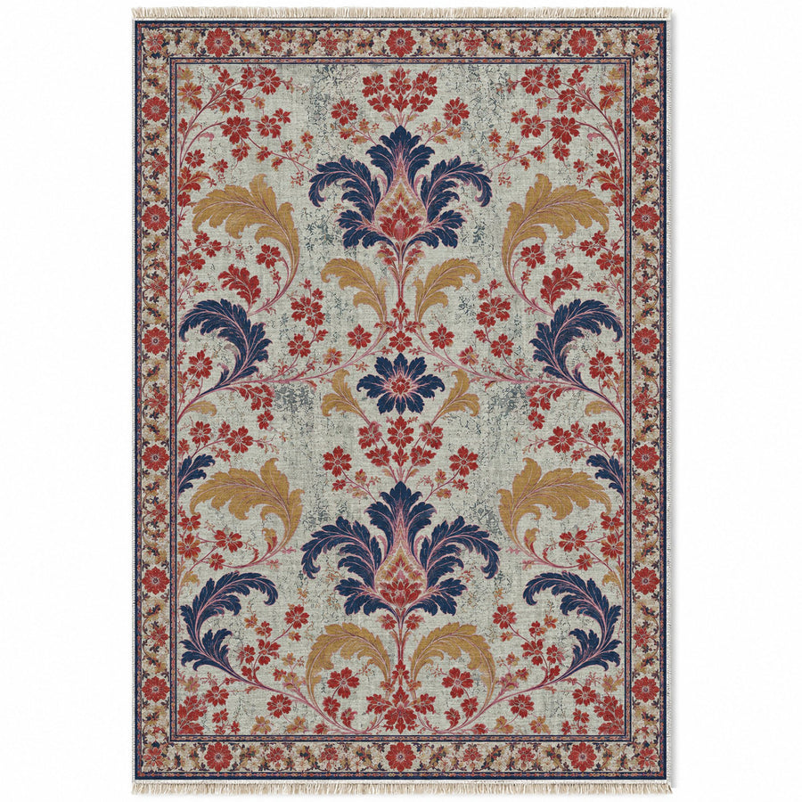 Ghost Damask Panels Glacier, Ink & Vermilion Distressed Washable Rug