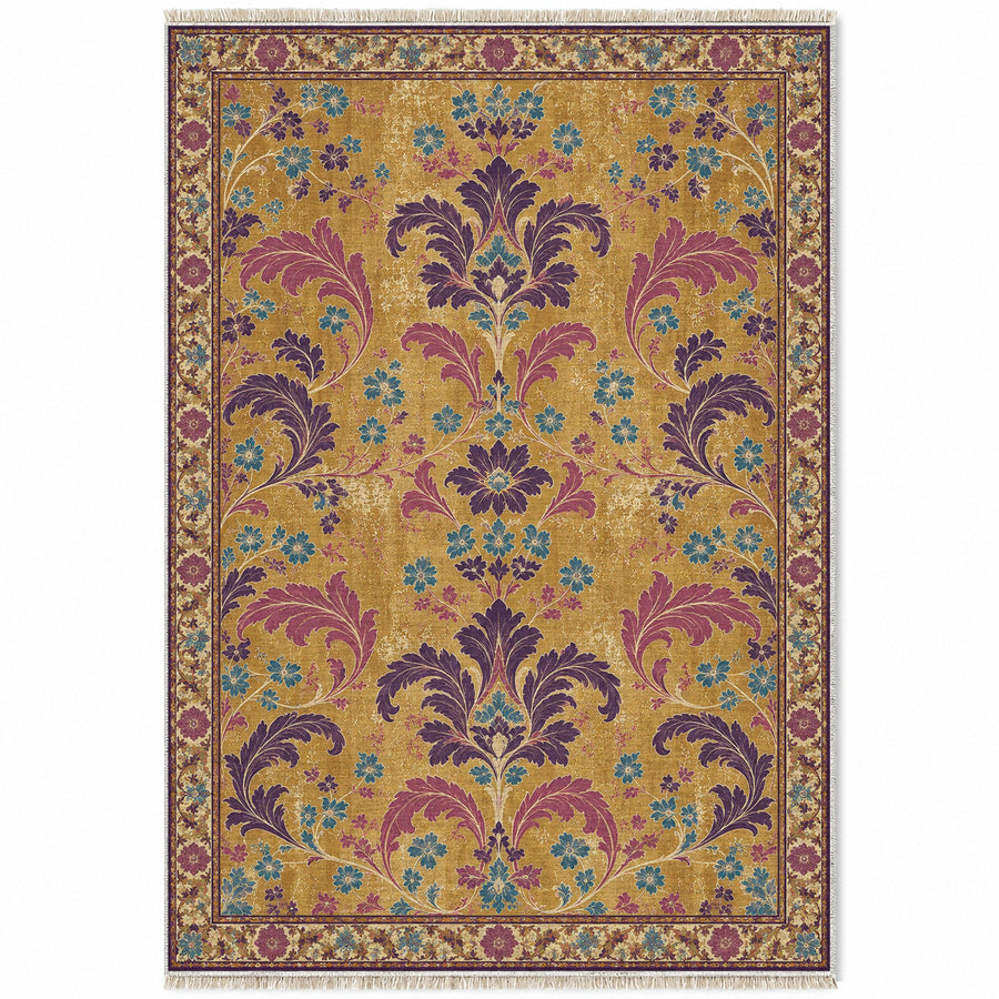 Ghost Damask Panels Golden, Plum & Azure Distressed Washable Rug